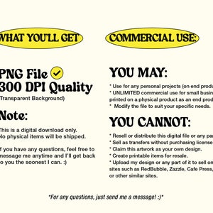 May include: Digital download information graphic with black and yellow text. The text includes "WHAT YOU'LL GET" and "COMMERCIAL USE:" with details on file type, quality, and usage rights. The background is a light beige colour.