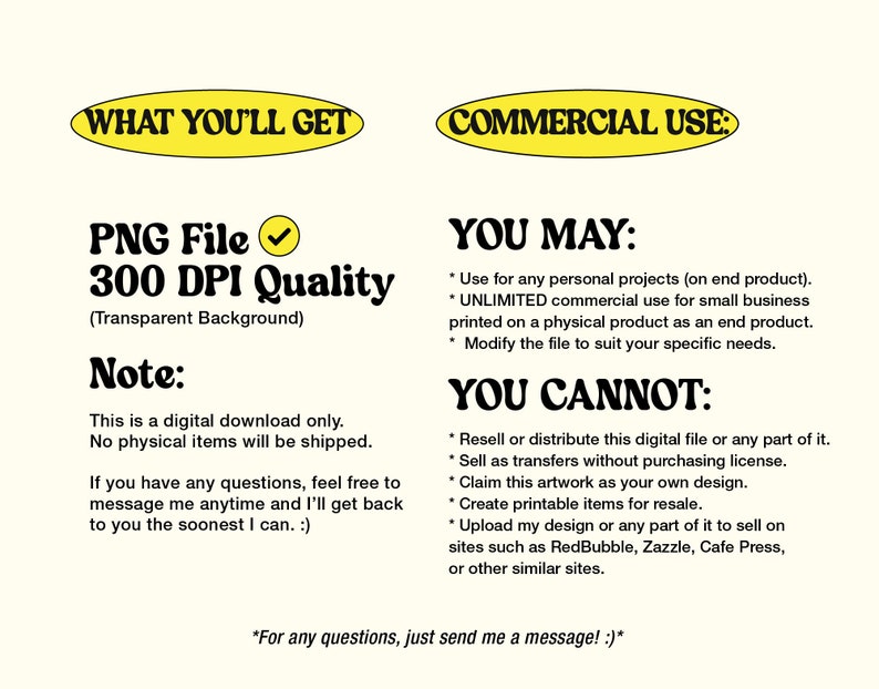 May include: Digital download information graphic with black and yellow text. The text includes "WHAT YOU'LL GET" and "COMMERCIAL USE:" with details on file type, quality, and usage rights. The background is a light beige colour.