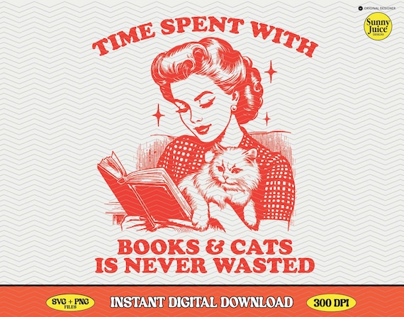 Books and Cats Retro Design, Bookish Art (SVG PNG)