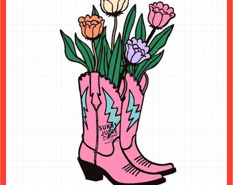 Wildflower Boots PNG File Retro Floral Cowgirl Boots Design | Western Boho Rodeo Aesthetic Vintage Design for Shirts, Mugs, Stickers, Etc.
