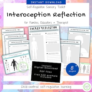 May include: A digital download of printable worksheets for children to help them learn about interoception and self-regulation. The worksheets feature a variety of activities, including reflection prompts and body diagrams. The worksheets are designed for families, educators, and therapists. The text "Instant Digital Download PDF files Free AAC example included" is displayed on a tablet screen. The text "Child-centred self-regulation learning" is displayed at the bottom of the image. The text "8+ pages" is displayed in a circle with a white background and a black border.