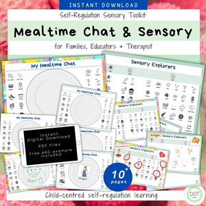 May include: A digital download toolkit for self-regulation skills. The toolkit includes 10+ pages of printable visuals for mealtime chat and sensory exploration. The visuals feature black and white illustrations of various objects and activities. The text "Mealtime Chat & Sensory" is displayed in a large font at the top of the image. The text "Instant Digital Download PDF files Free AAC example included" is displayed on a black rectangle in the centre of the image. The text "10+ pages" is displayed in a blue circle at the bottom of the image.