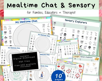 Mealtime Chat Placemats: Social Eating & Sensory Explorers, Noticing, Describing, Prompts, Resources, Class, Home, OT, Paeds, pdf, Digital