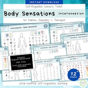 May include: A printable toolkit for families, educators, and therapists to help children learn about interoception and body sensations. The toolkit includes 12 pages of worksheets with illustrations of the human body and various body sensations. The text "Body Sensations Interoception" is featured in a large font at the top of the page. The text "Instant Digital Download PDF files Free AAC example included" is featured on a phone screen in the middle of the page.
