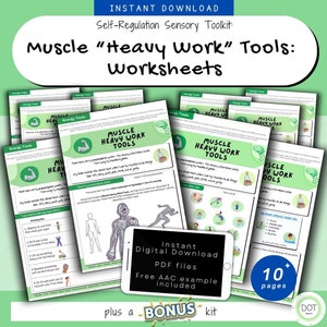 May include: A digital download of printable worksheets for children to help them learn about their bodies and how to use their muscles. The worksheets feature colourful illustrations of a human body, a running person, and a person doing a jumping jack. The text on the worksheets says "Muscle Heavy Work Tools".