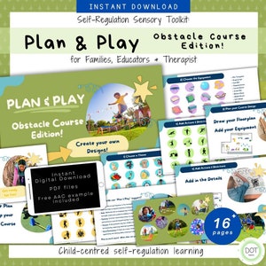 May include: A digital download titled "Plan & Play Obstacle Course Edition" for families, educators, and therapists. The cover features a child jumping an obstacle course. Includes PDF files and a free AAC example. The toolkit focuses on child-centered self-regulation learning.