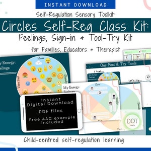 Może przedstawiać: Cyfrowy plik do pobrania dla zestawu narzędzi do samoregulacji dla dzieci. Zestaw zawiera koło emocji, kartę rejestracji i karty prób narzędzi. Zestaw jest przeznaczony dla rodzin, nauczycieli i terapeutów. Tekst na obrazku brzmi "Circles Self-Reg Class Kit: Feelings, Sign-in & Tool-Try Kit for Families, Educators & Therapist".