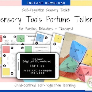 Peut inclure: Un ensemble de jeux de devinettes colorés avec des mots comme "lent", "excité", "stable" et "rapide" imprimés dessus. Les jeux de devinettes sont conçus pour aider les enfants à la régulation émotionnelle. L'image comprend également un graphique de téléchargement numérique avec le texte "Téléchargement numérique instantané Fichiers PDF Exemple AAC gratuit inclus".