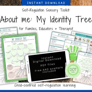 Könnte beinhalten: Ein digitaler Download für ein Selbstregulierungs-Sinnes-Toolkit für Familien, Pädagogen und Therapeuten. Das Toolkit enthält ein druckbares "Mein Identitätsbaum" Arbeitsblatt mit Aufforderungen und ein kostenloses AAC-Beispiel. Das Bild zeigt einen grünen Baum mit Wurzeln und Ästen, einen Handabdruck und ein Tablet mit dem Text "Sofortiger digitaler Download PDF-Dateien Kostenloses AAC-Beispiel enthalten".