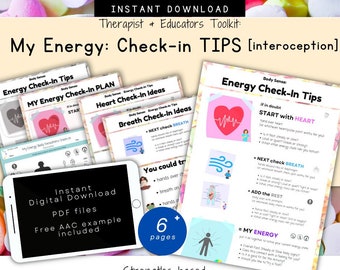 Interoception Learning Tips & Tools, Check-in, Body Cues, Sensory Tools, Energy, Feelings, Self-Regulation, Class, Home, OT, Children, pdf