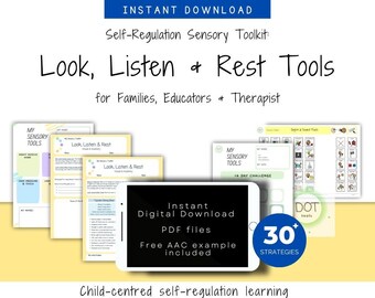 Ferramentas sensoriais de visão e som, recursos, autorregulação, descanso, auditivo, visual, terapia ocupacional, sala de aula, casa, crianças, para impressão, download digital, pdf