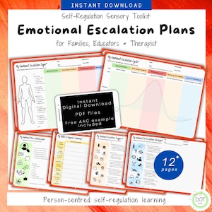 May include: A set of printable self-regulation resources, including "Emotional Escalation Plans" for families, educators, and therapists. The image shows a tablet with "Instant Digital Download" text, and several colourful worksheets with diagrams and text. The product includes 12 pages.