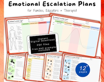 Może przedstawiać: Cyfrowy zestaw narzędzi zatytułowany Self-Regulation Sensory Toolkit: Emotional Escalation Plans for Families, Educators & Therapist. Zawiera ponad 12 stron formularzy do druku z wykresami, diagramami i ikonami do regulacji emocji.