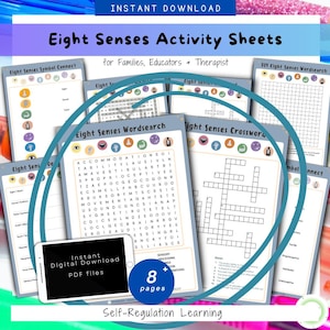 May include: A set of eight activity sheets for families, educators, and therapists, focusing on the eight senses. The sheets include word searches, crosswords, and symbol connect activities. The image also shows a tablet with the text "Instant Digital Download PDF files."