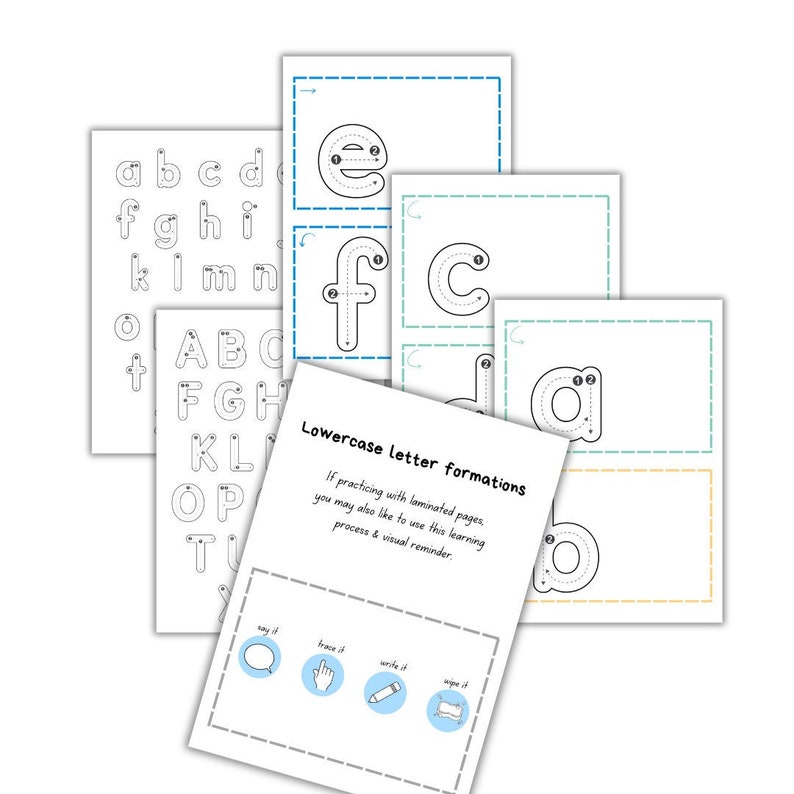 May include: A set of printable worksheets for learning lowercase letter formations. The worksheets feature dotted lines to guide tracing the letters. The text on the page reads "Lowercase letter formations. If practicing with laminated pages, you may also like to use this learning process & visual reminder."
