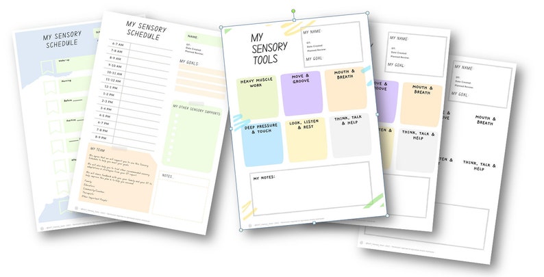 Pode incluir: Tr&ecirc;s folhas de trabalho imprim&iacute;veis para ferramentas sensoriais. A primeira folha de trabalho &eacute; intitulada "Minha agenda sensorial" e tem uma lista de hor&aacute;rios e atividades. A segunda folha de trabalho &eacute; intitulada "Minhas ferramentas sensoriais" e tem uma grade com seis se&ccedil;&otilde;es rotuladas como "Trabalho muscular pesado", "Mover e groove", "Boca e respira&ccedil;&atilde;o", "Press&atilde;o profunda e toque", "Olhar, ouvir e descansar", e "Pensar, falar e ajudar". A terceira folha de trabalho &eacute; um modelo em branco para "Minhas ferramentas sensoriais".