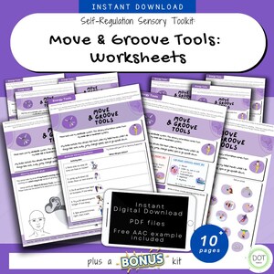 Può includere: Un set di fogli di lavoro stampabili per aiutare i bambini ad imparare le capacità di auto-regolazione. I fogli di lavoro presentano illustrazioni colorate e il testo "Move & Groove Tools". I fogli di lavoro fanno parte di un kit di strumenti più ampio che include un kit bonus. Il testo "Download digitale istantaneo File PDF Esempio AAC incluso" è anche visibile nell'immagine.
