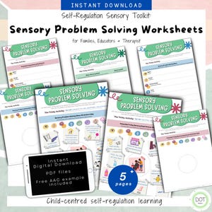 Könnte beinhalten: Ein digitaler Download von Arbeitsblättern zur sensorischen Problemlösung für Familien, Erzieher und Therapeuten. Die Arbeitsblätter zeigen farbenfrohe Illustrationen und den Text "Sensory Problem Solving". Ein Tablet zeigt "Sofortiger digitaler Download" an.