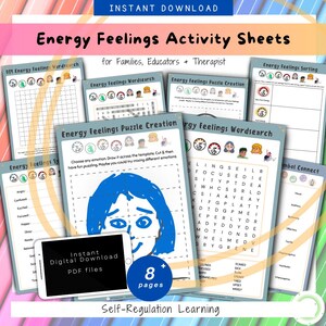 May include: A set of printable activity sheets for self-regulation learning, including word searches and puzzle creation. The image shows a tablet with the text "Instant Digital Download PDF files". The sheets are designed for families, educators, and therapists.