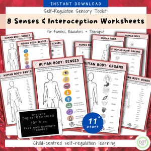May include: A set of printable worksheets focused on self-regulation, covering the 8 senses and interoception. The worksheets feature diagrams of the human body and are designed for families, educators, and therapists. The digital download includes PDF files and a free AAC example.