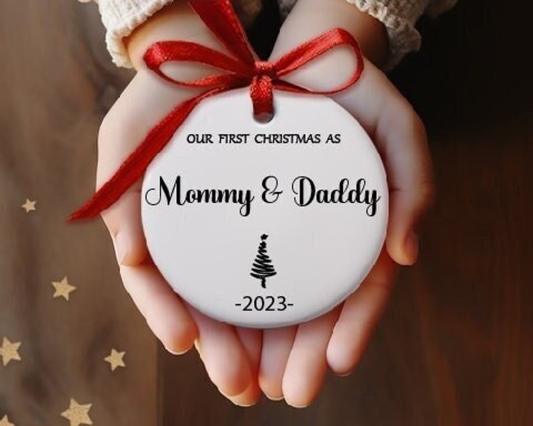 Personalised 'First Christmas As My Mummy & Daddy' Ceramic Bauble – Custom Baby Name Ornament With Ribbon