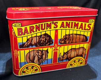 Scatola di latta per cracker "Gli Animali di Barnum" / Sigillo interno Nabisco / Carro da circo vintage / Oggetto da collezione rosso e giallo / Scatola per biscotti