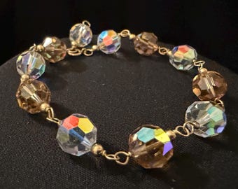 Vintage Aurora Borealis Crystal Bead Bracelet Gold Tone Wire Wrapped — 8.75 Inch