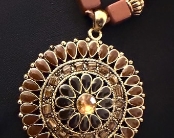 Vintage Boho Suede Leather Cord Necklace with Gold Tone Mandala Sun Pendant — 18-20.5 Inch Adjustable