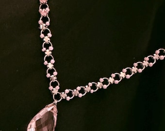 Vintage Silver Tone Pink Teardrop Crystal Pendant Necklace — 18-21 Inch Adjustable Estate Find