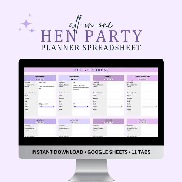 All-In-One Hen Party Planner Spreadsheet | Bachelorette Party Planner | Bachelorette Trip Planner | Google Sheets Template