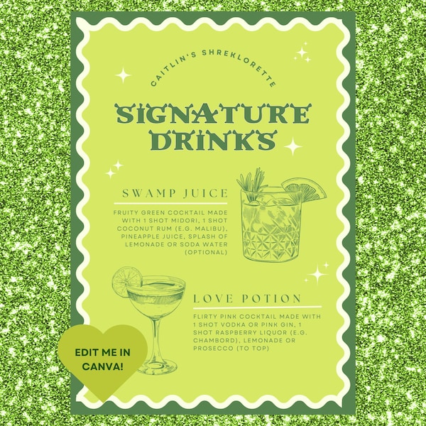 Szyld z drinkami Shrek Bachelorette | Edytowalne menu koktajli (szablon Canva)