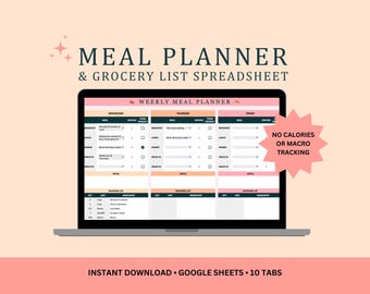 Weekly Meal Planner Spreadsheet | Automated Grocery List | Google Sheets (Digital Download)
