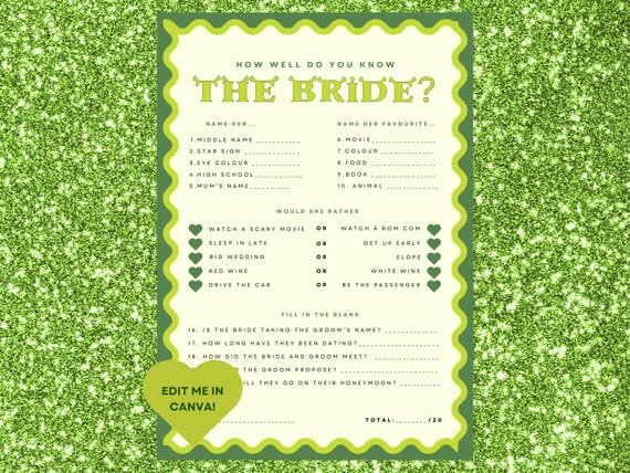 Shrek Bachelorette Game | How Well Do You Know The Bride (Printable & Canva)