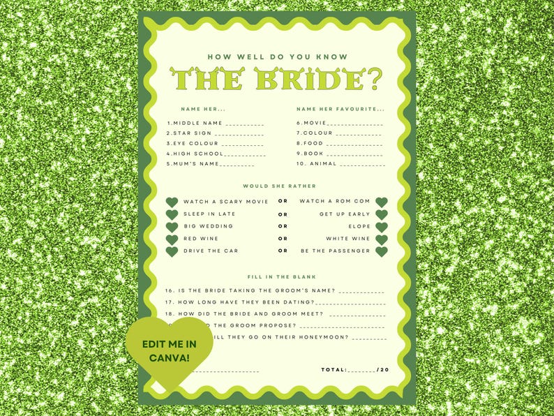 Shrek Bachelorette Spiel | Wie gut kennst du die Braut (Printable & Canva) Bild 1
