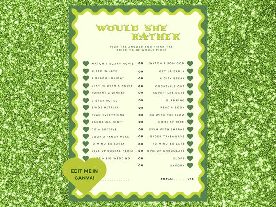 Shrek Bachelorette Game | Would She Rather Hen Party (Printable & Canva)