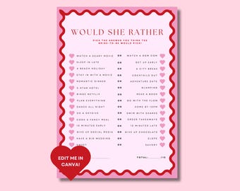 Would She Rather Game | Pink and Red | Bachelorette Party Printable (Canva Editable)