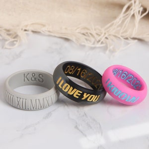 Personalized Silicone Ring for Men & Women with Custom Wooden Ring Box, 8mm Width Engraved Couple Wedding Bands