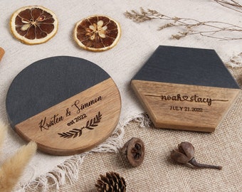 Custom Engraved Marble Wood Coaster Set, Personalized Gift for Housewarming, Anniversary, Wedding, Engagement