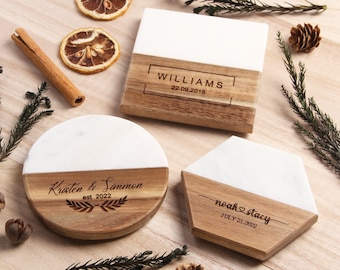 Set di sottobicchieri in legno di marmo con incisione personalizzata, regalo personalizzato per inaugurazione della casa, matrimonio, anniversario