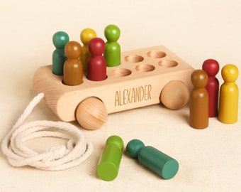 Custom Name Wooden Bus Toy with Peg Dolls, Personalized Engraved Montessori Car Gift for Baby & Kids