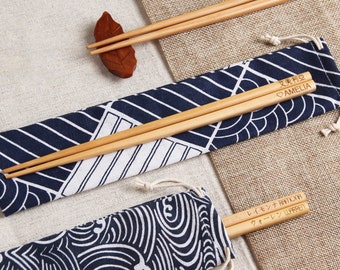 Custom Engraved Chopsticks with Japanese Style Fabric Pouch, Personalized Wedding Favor, Asian Gift