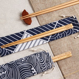 Custom Engraved Chopsticks with Japanese Style Fabric Pouch, Personalized Wedding Favor, Asian Gift image 1