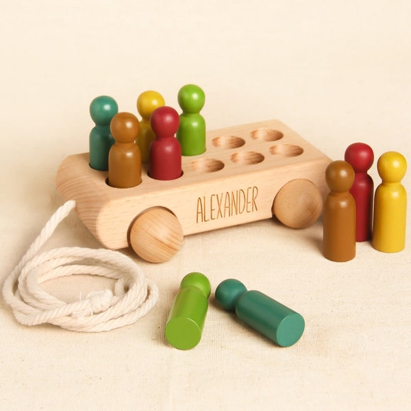 Custom Name Wooden Bus Toy with Peg Dolls, Personalized Engraved Montessori Car Gift for Baby & Kids