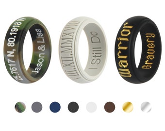 Personalized Silicone Ring for Men with Custom Wooden Ring Box, Engraved Rubber Wedding Band 8mm