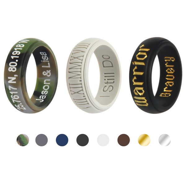 Personalized Silicone Ring for Men with Custom Wooden Ring Box, Engraved Rubber Wedding Band 8mm