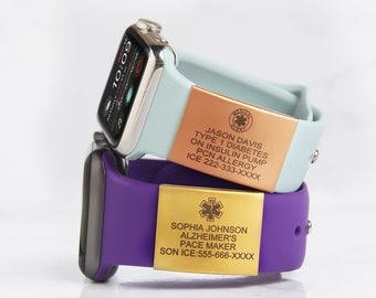 Etiqueta de identificación de alerta médica para Apple Watch Band, placa de seguridad de identificación de emergencia grabada personalizada para reloj inteligente o pulsera