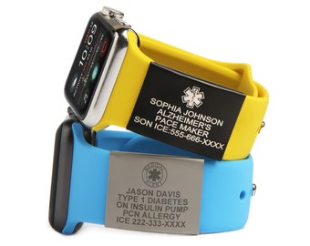 Étiquette d'identification d'alerte médicale pour bracelet Apple Watch, plaque de sécurité d'identification d'urgence gravée sur mesure pour montre intelligente ou bracelet de sport