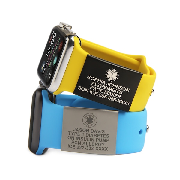 Medical Alert ID Tag for Apple Watch Band, Custom Engraved Emergency ID Safety Plate for Sport Smartwatch or Wristband