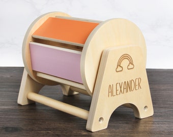 Custom Name Wooden Spinning Rainbow Drum Toy, Personalized Engraved Montessori Educational Play