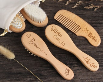 Ensemble de brosse à cheveux et peigne en bois pour bébé personnalisé pour les nouveau-nés et les tout-petits, cadeau de douche de bébé gravé personnalisé